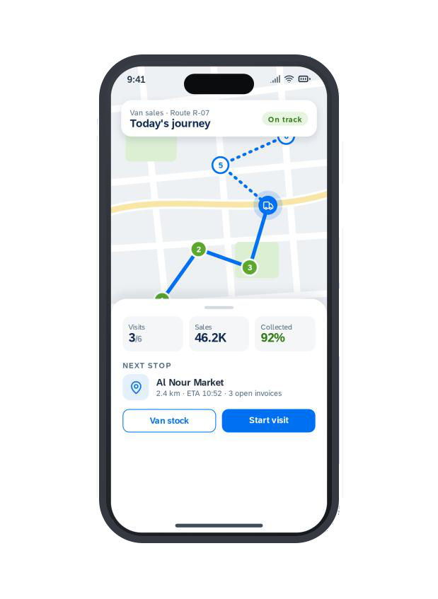 B-Connect DISTY van sales route map on a phone