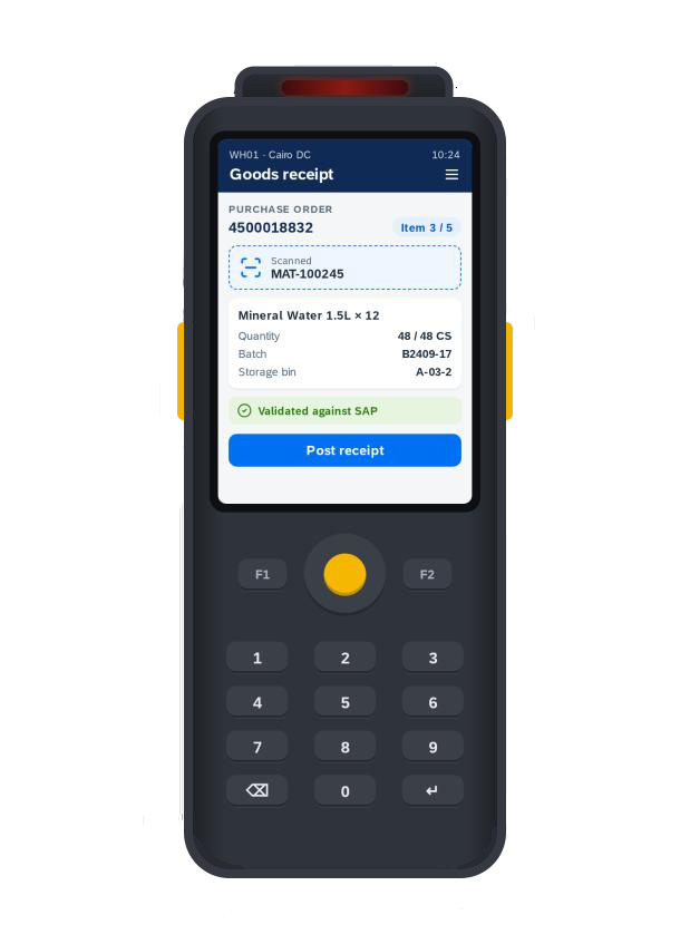 B-Connect Handheld warehouse device showing goods receipt
