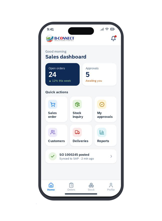B-Connect Mobile App sales dashboard on a phone